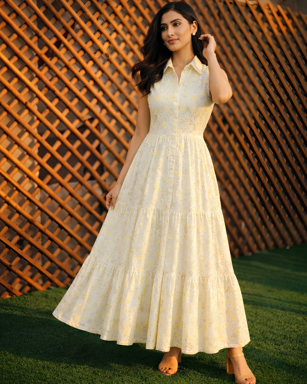 Yellow Floral Printed Lawn Dress
