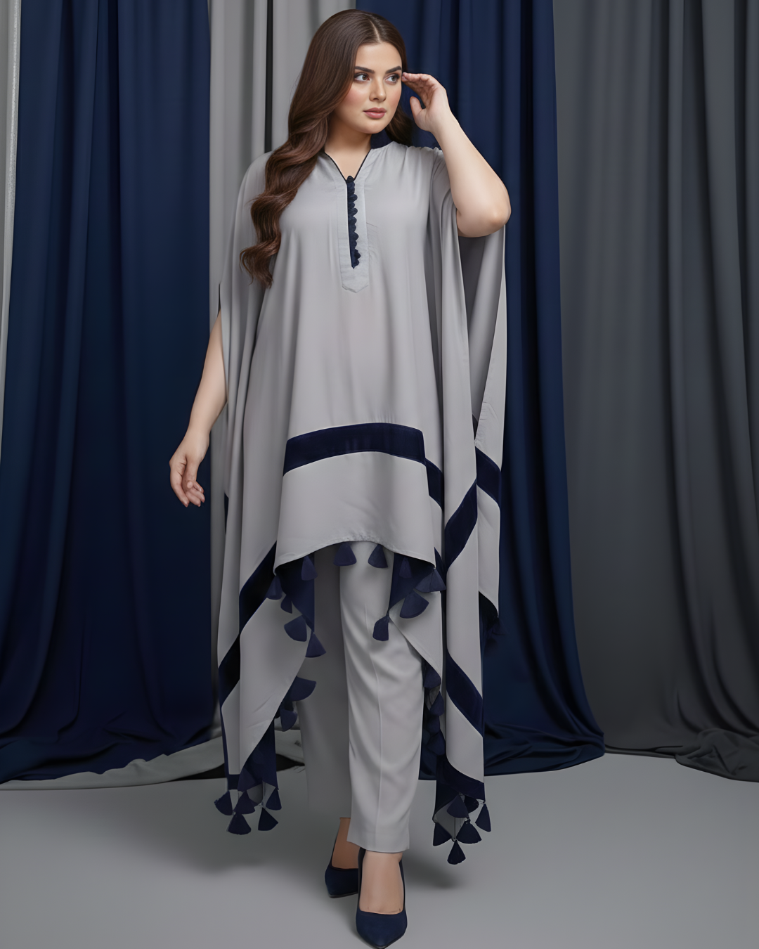 Silver Silk & Velvet Kaftan with Navy Button Tassel Trim