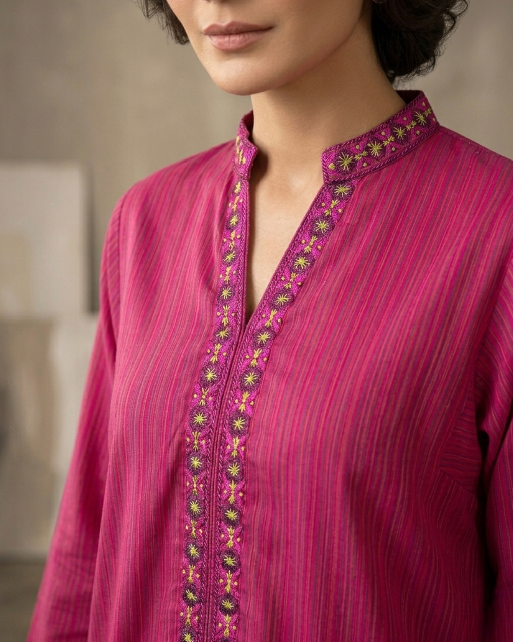Magenta Striped Lawn Hand Embroidered Kurta