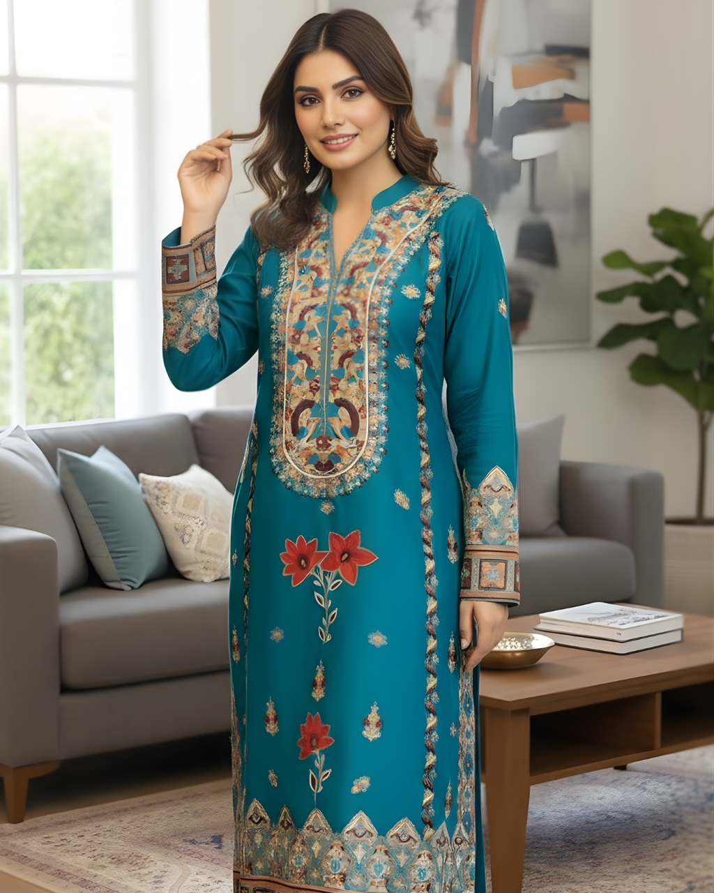 Teal Green Multicolour Arri Embroidered Yoke Silk Kurta