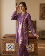 Purple Floral Vine Embroidered Scalloped Loomnet Kurta
