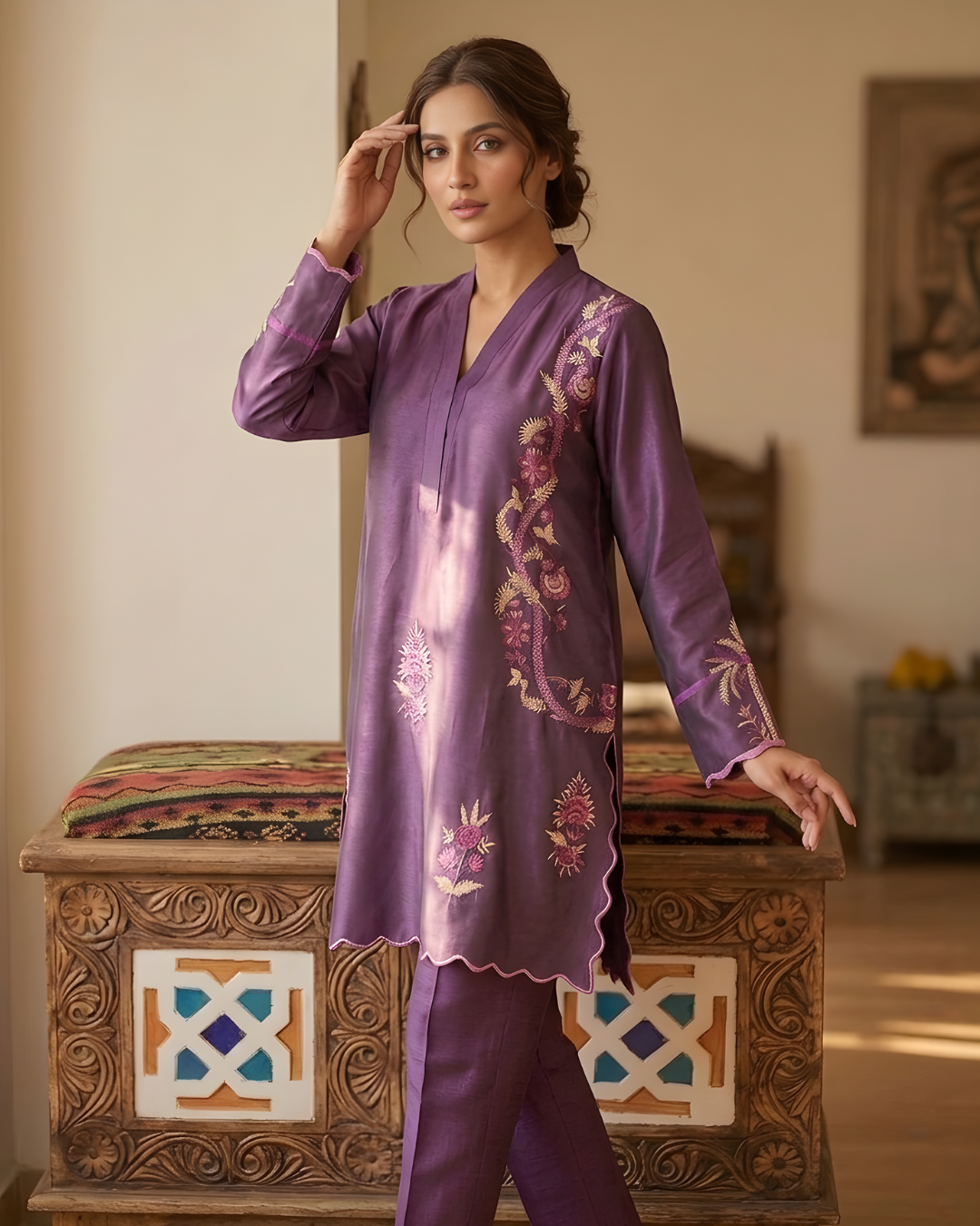 Purple Floral Vine Embroidered Scalloped Loomnet Kurta