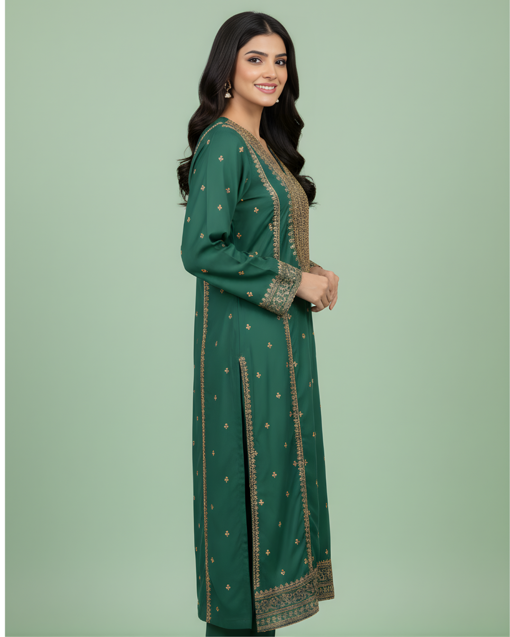 Emerald Green Gold Marori Embroidered Korean Silk Kurta