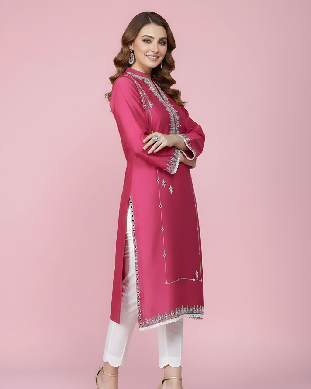 Mulberry Pink Mirror Work Loomnet Kurta Set