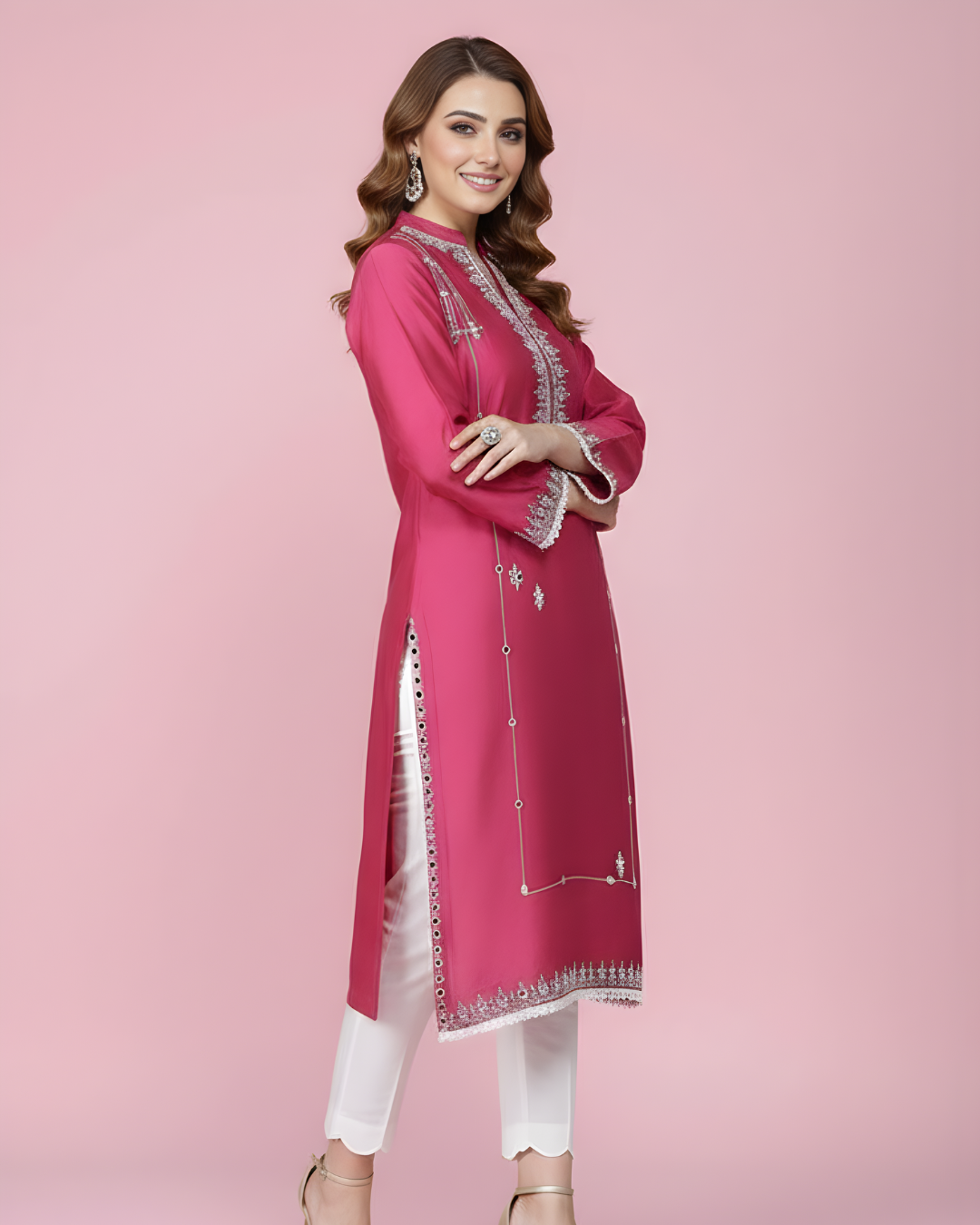 Mulberry Pink Mirror Work Loomnet Kurta Set
