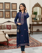 Navy Blue Pink Floral Embroidered Yoke Loomnet Kurta