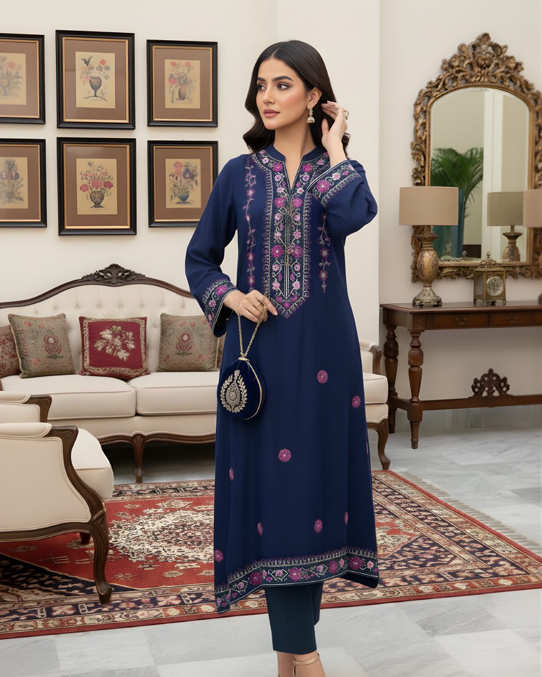 Navy Blue Pink Floral Embroidered Yoke Loomnet Kurta