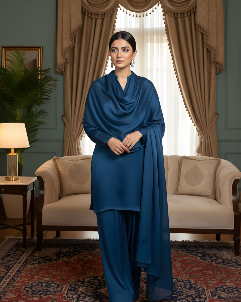 Navy Blue Shamoze Short Kurta & Farshi Shalwar Set
