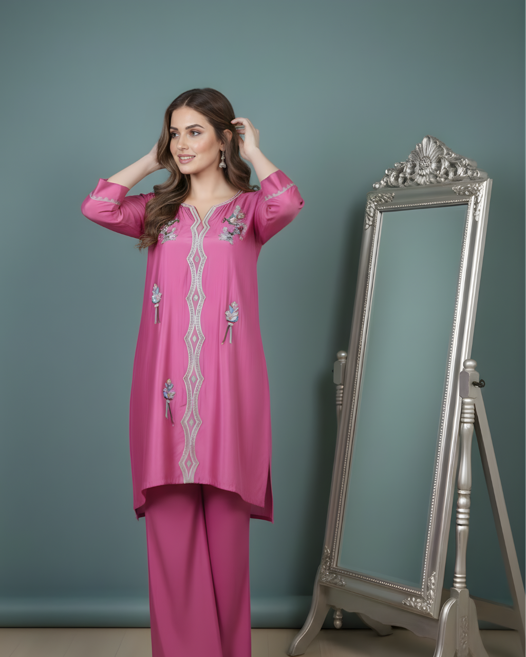 Pink Loomnet Short Kurta & Palazzo Set