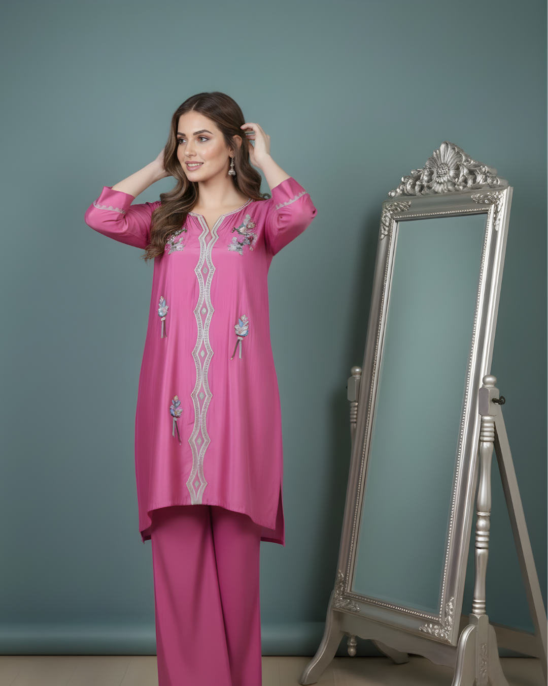 Pink Loomnet Short Kurta & Palazzo Set
