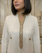 Off White Cotton Net 3-Piece Suit with Gold Arri & Tassel Work