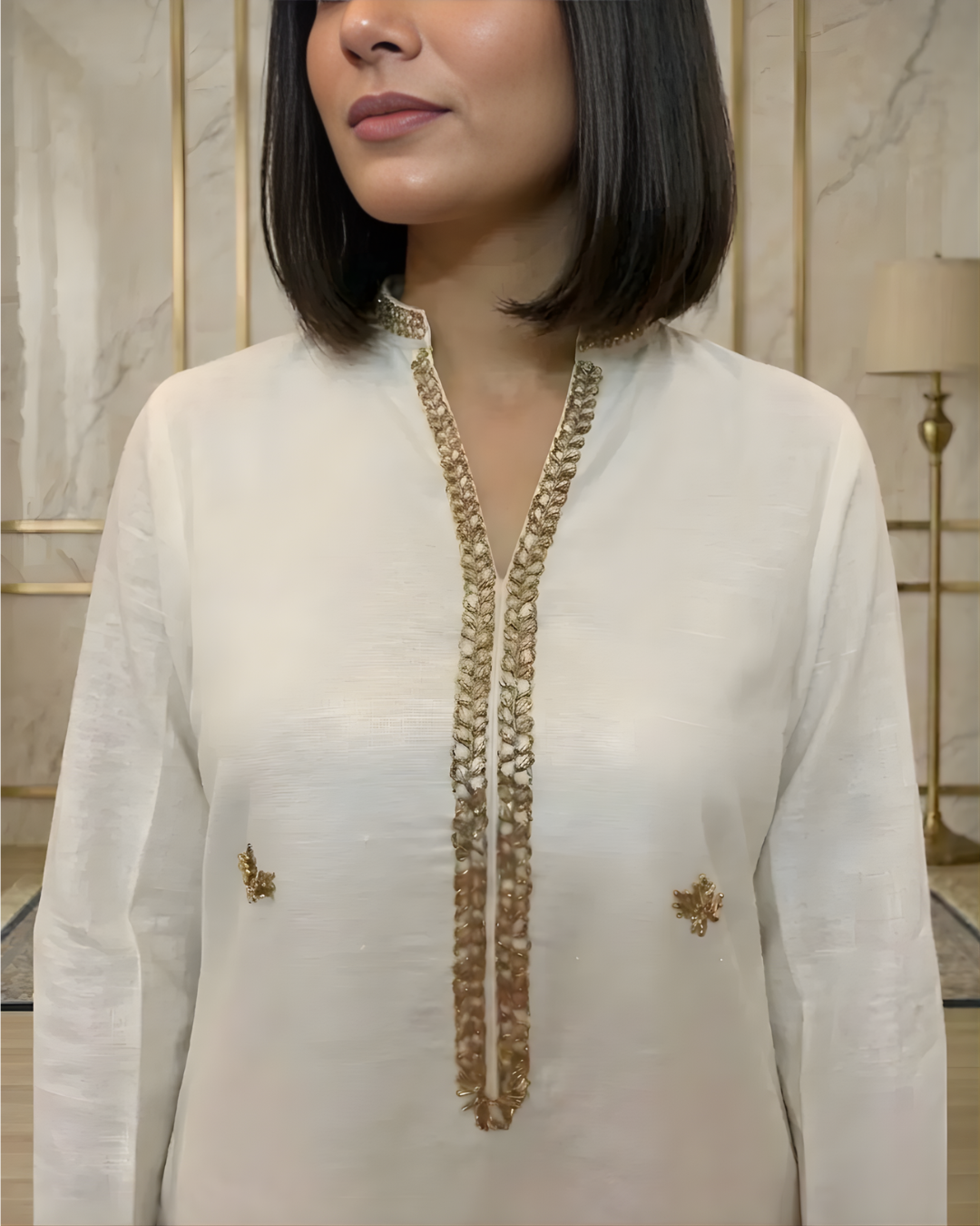 Off White Cotton Net 3-Piece Suit with Gold Arri & Tassel Work