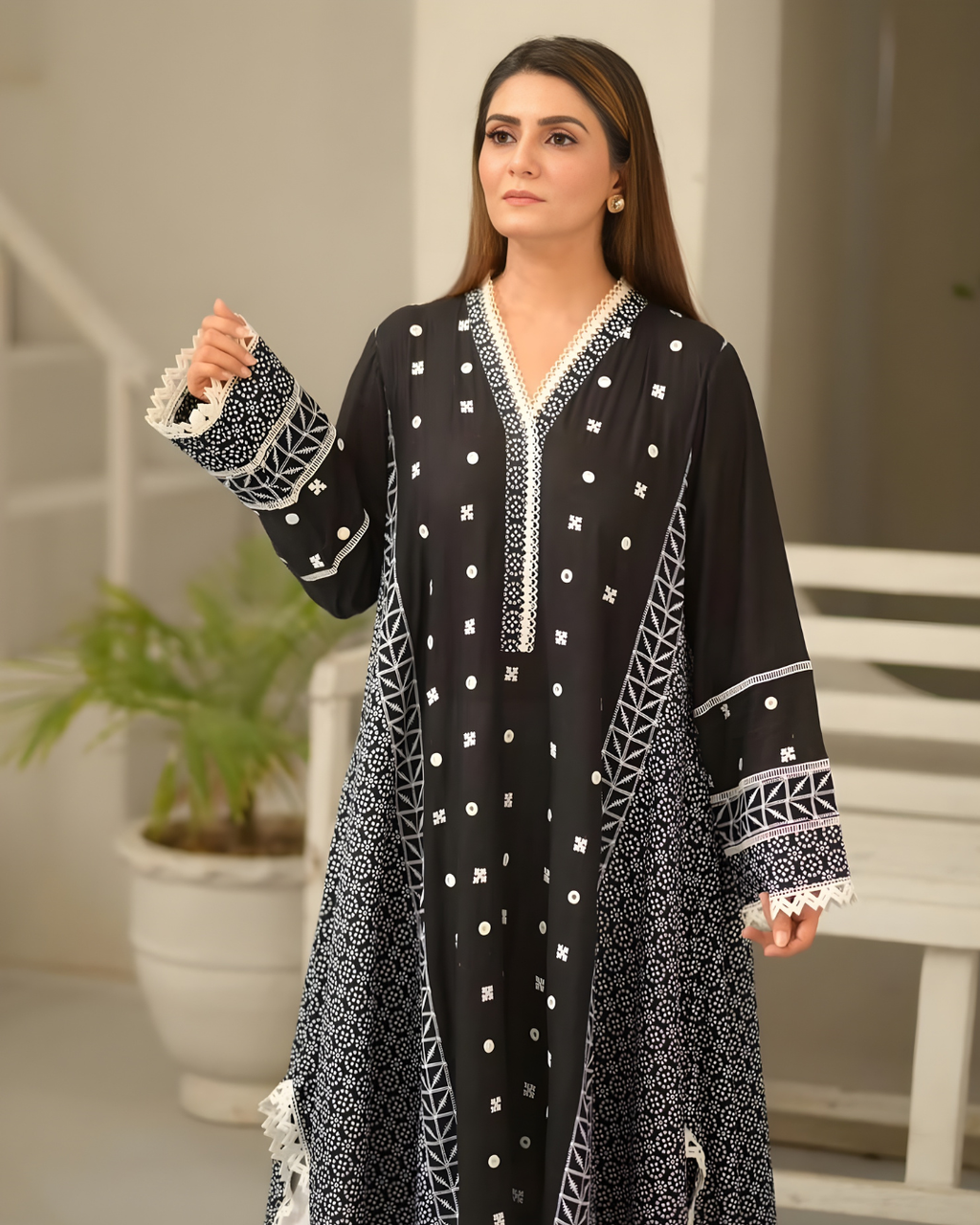 Black Mirror Work Cotton Embroidered Dress