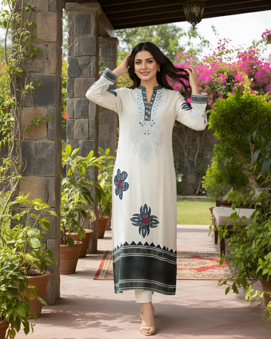 Off White Ajrak Patchwork Mirror Work Loomnet Kurta