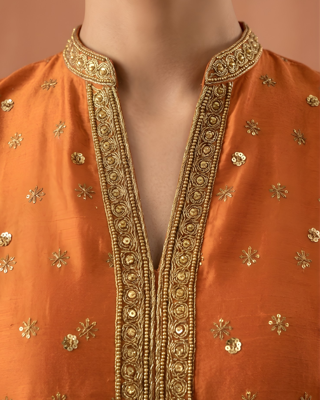 Orange Sleeveless Gold Tilla Embroidered Loomnet Kurta Set