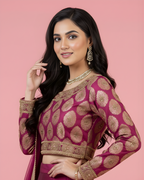 Pink Jamawar Lehenga Choli with Gold Medallion