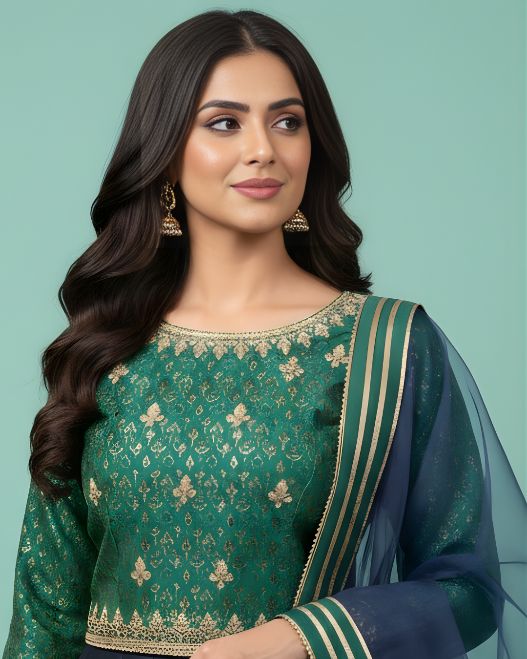 Green & Navy Jamawar Lehenga Choli with Organza Dupatta