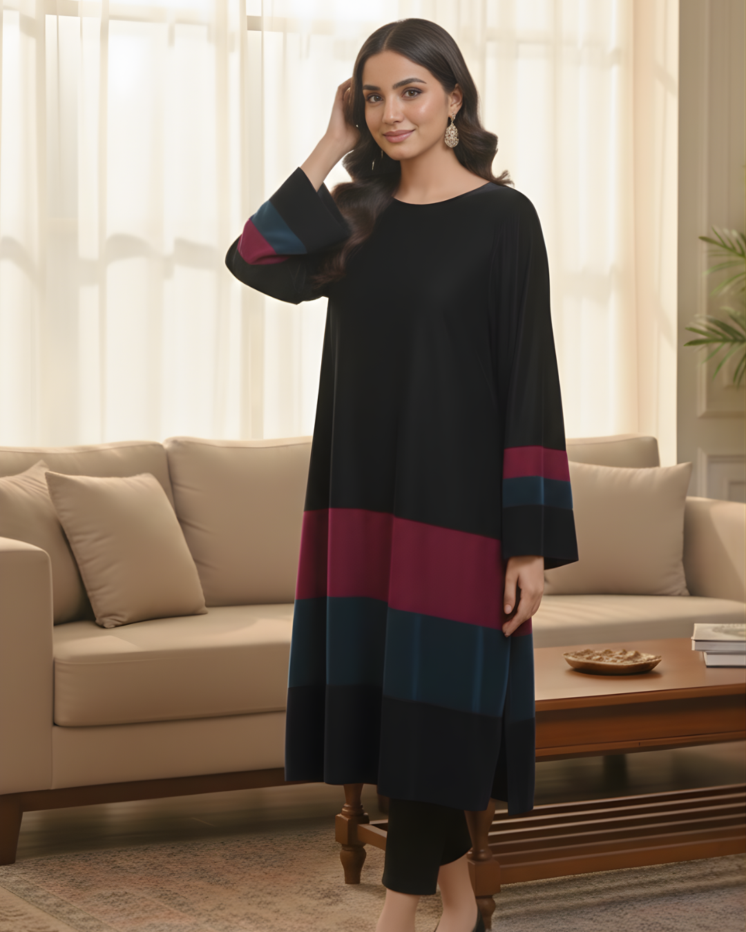 Black Velvet Colour Block Co-ord Set – Teal & Maroon Panels