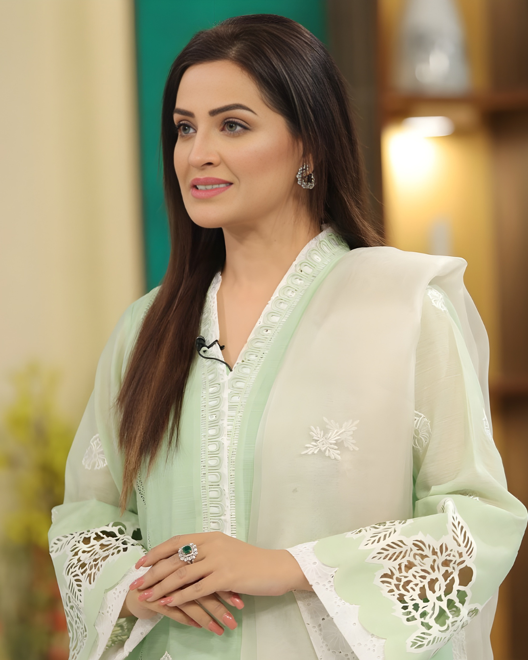 Mint Green Laser Cut Bell Sleeve Silk Lawn Kurta Set