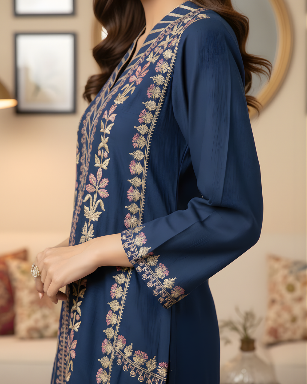 Navy Blue Gold Arri Embroidered Floral Panel Loomnet Kurta