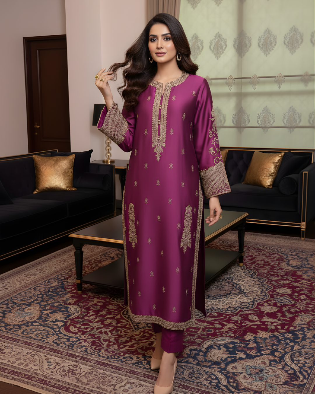 Magenta Silk 3-Piece Suit with Heavy Gold Marori Embroidery