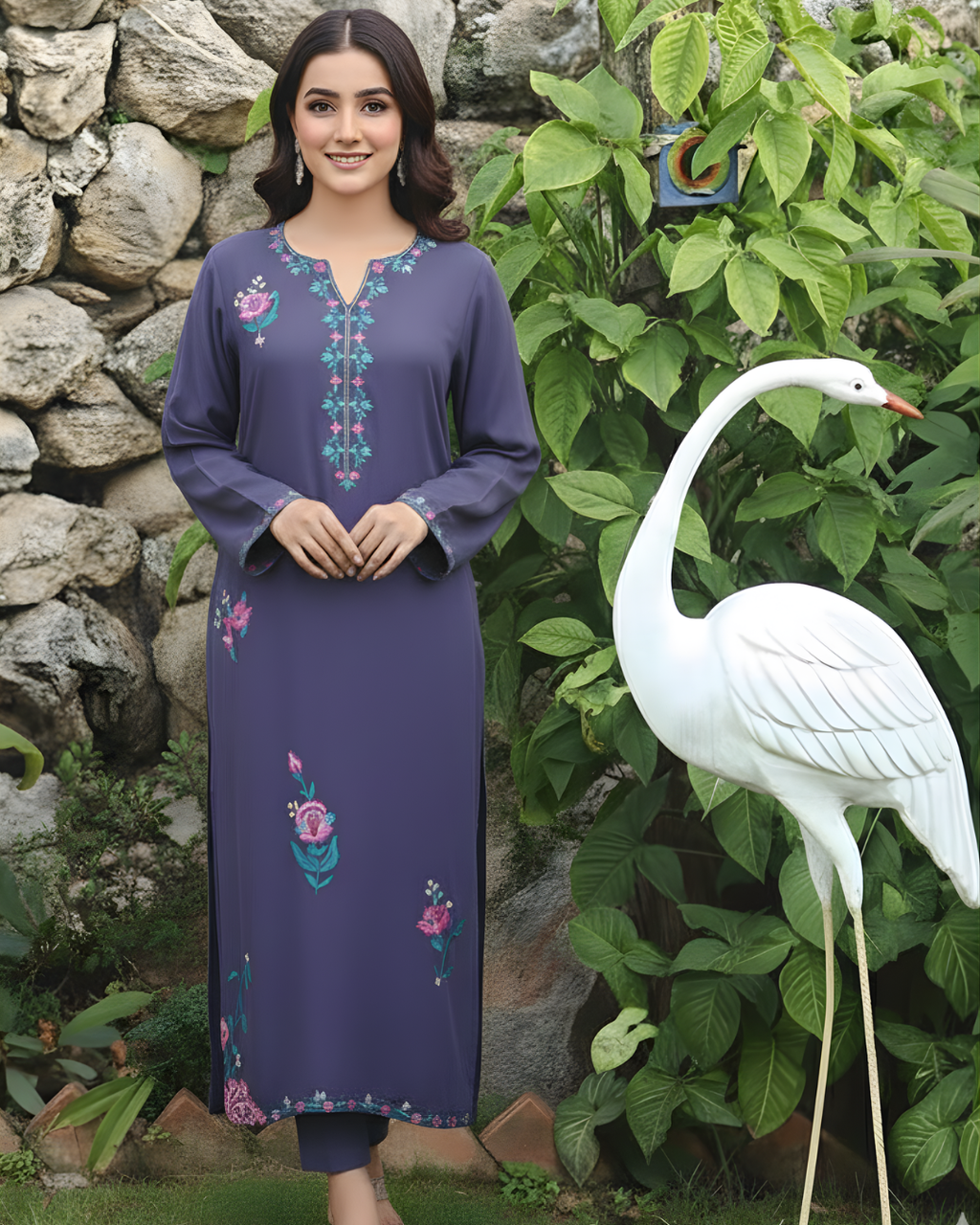 Navy Blue Floral Embroidered Neckline Loomnet Kurta Set