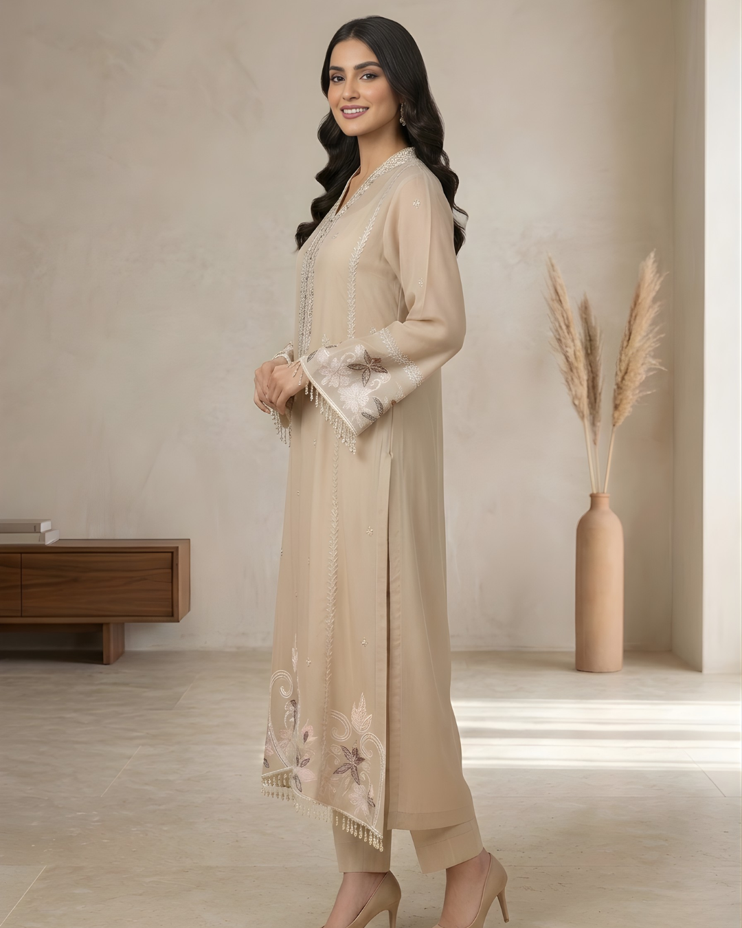 Beige Arri Embroidered Silk Lawn Kurta with Pearl Tassel