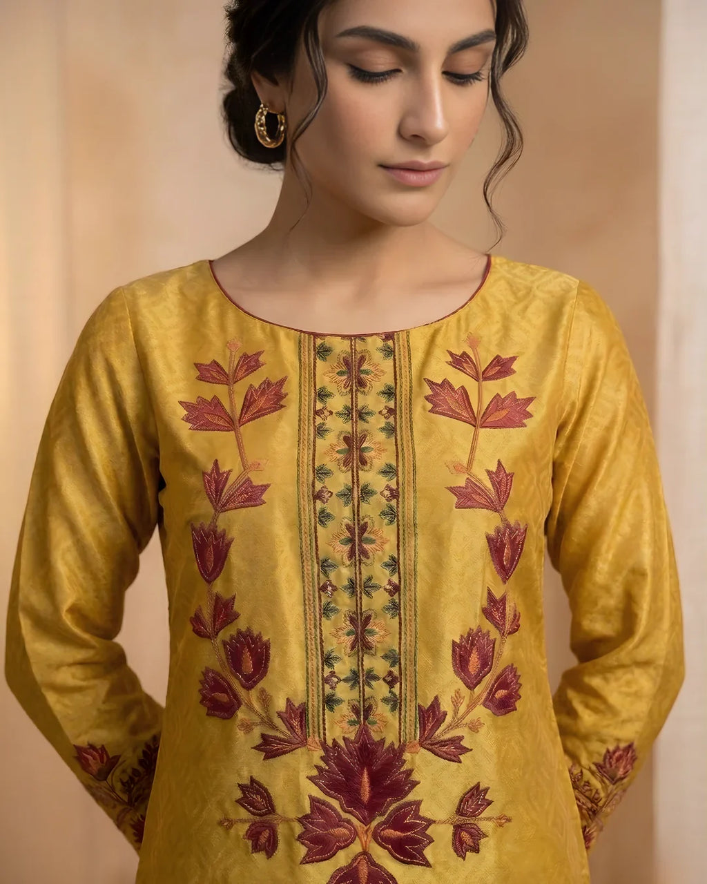 Mustard Patchwork Floral Yoke Tussel Silk Kurta Set