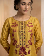 Mustard Patchwork Floral Yoke Tussel Silk Kurta Set