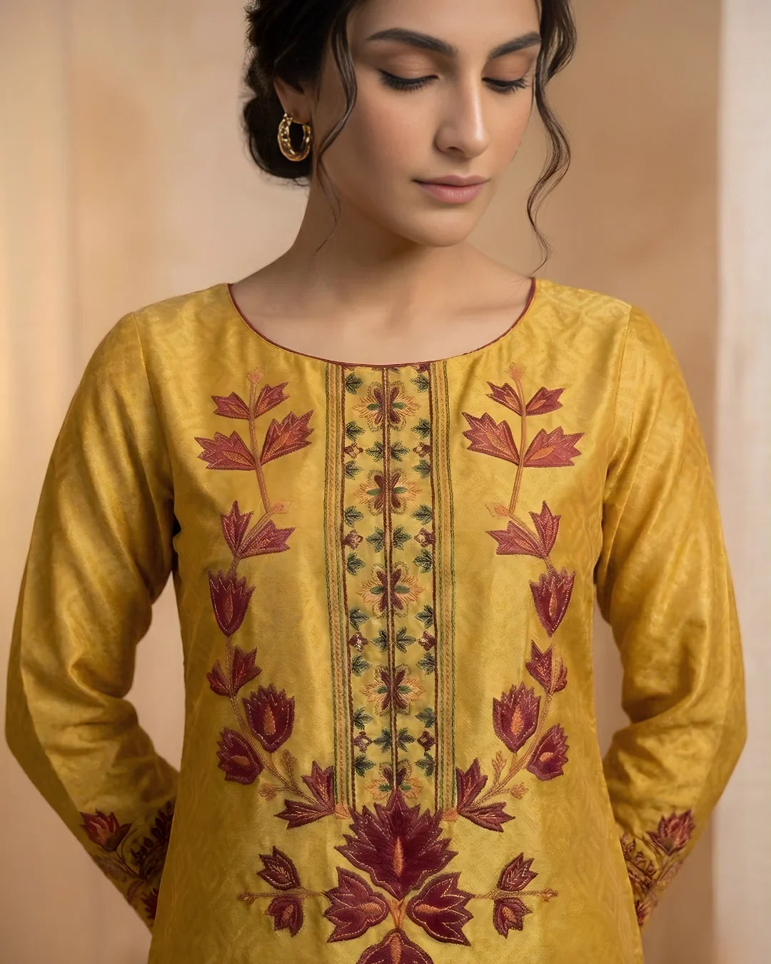 Mustard Patchwork Floral Yoke Tussel Silk Kurta Set