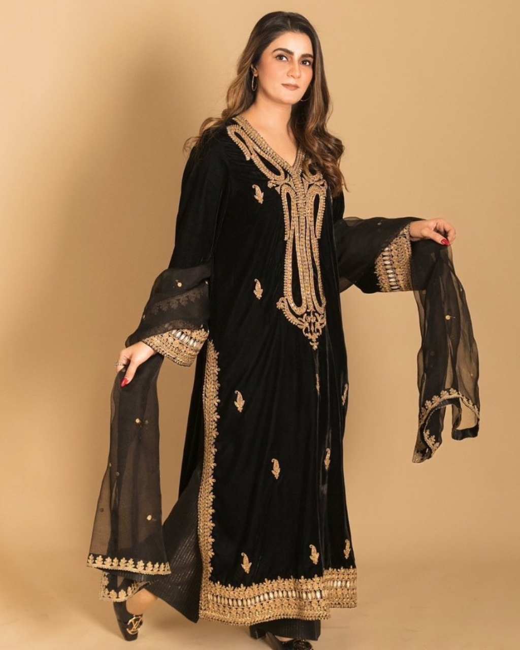Black Velvet 3-Piece Embroidered Suit with Organza Dupatta