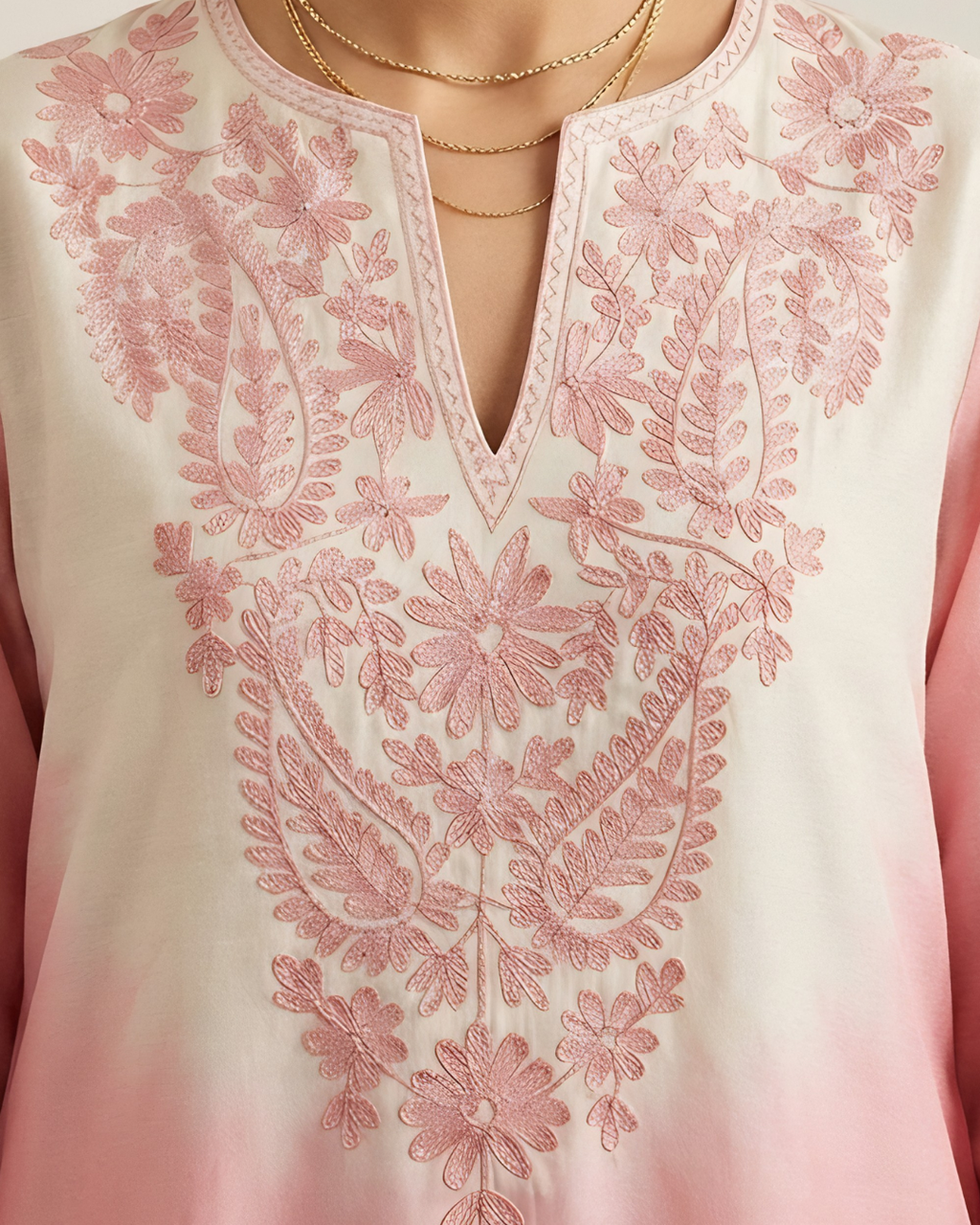 Pink and White Shaded Loomnet Embroidered Kurta