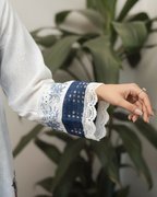 White & Blue Schiffli Chicken Lawn Contrast Panel Kurta