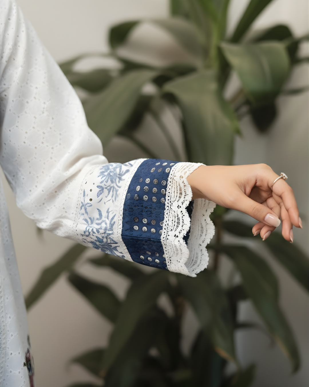 White & Blue Schiffli Chicken Lawn Contrast Panel Kurta