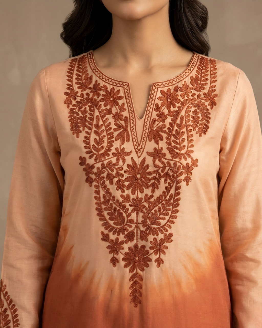 Orange Shaded Loomnet Embroidered Kurta