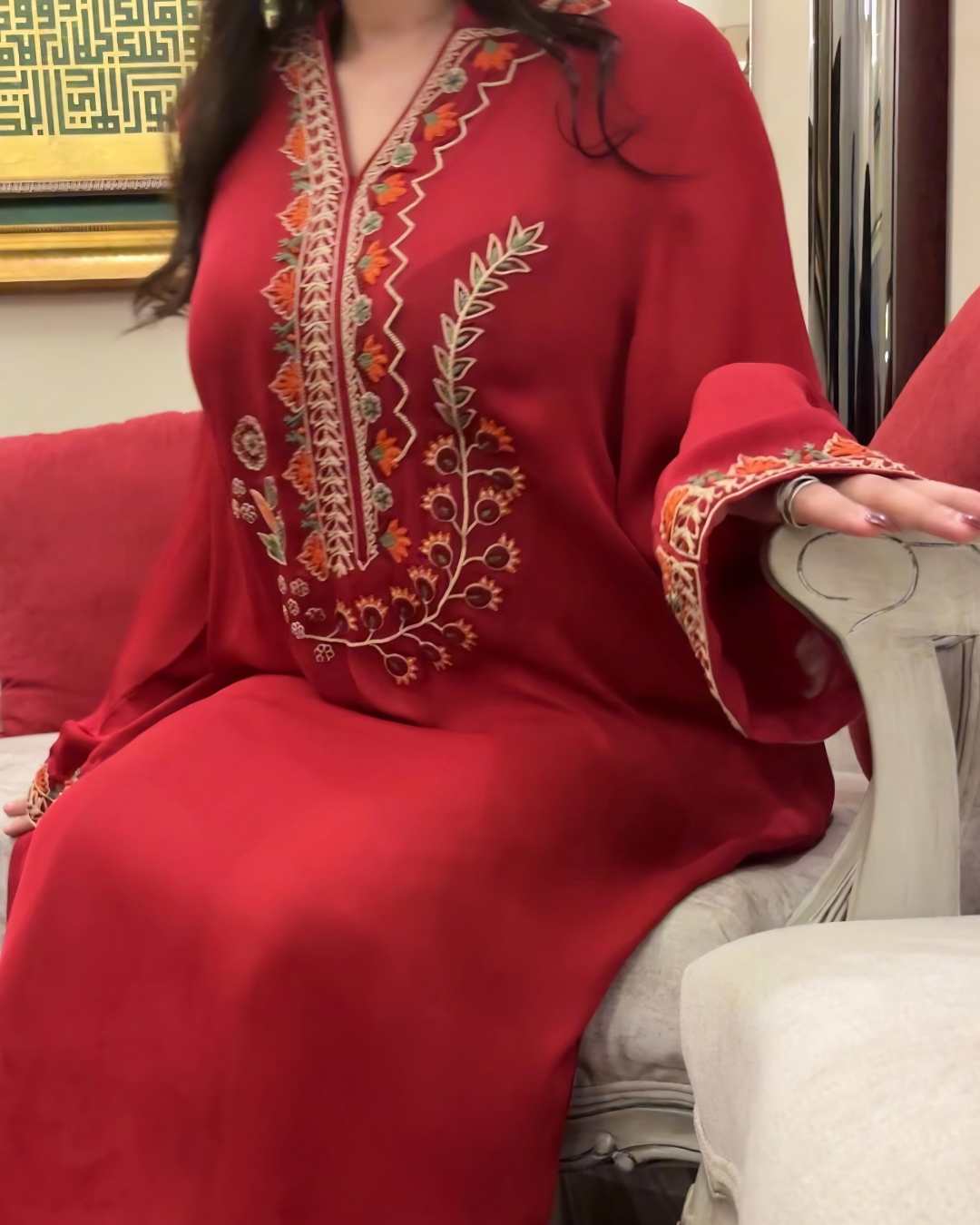 2-Piece Red Korean Chiffon Hand Embroidered Box Pleat