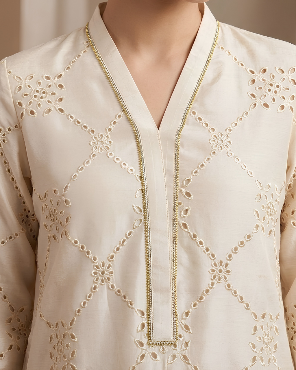 Beige Tissue Silk Gold Schiffli Cutwork Kurta Set
