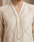Beige Tissue Silk Gold Schiffli Cutwork Kurta Set