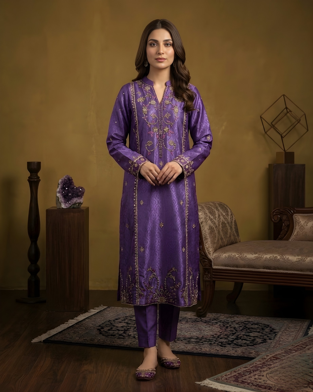 Purple Gold Pink Marori Embroidered Tussel Silk 3-Piece Suit