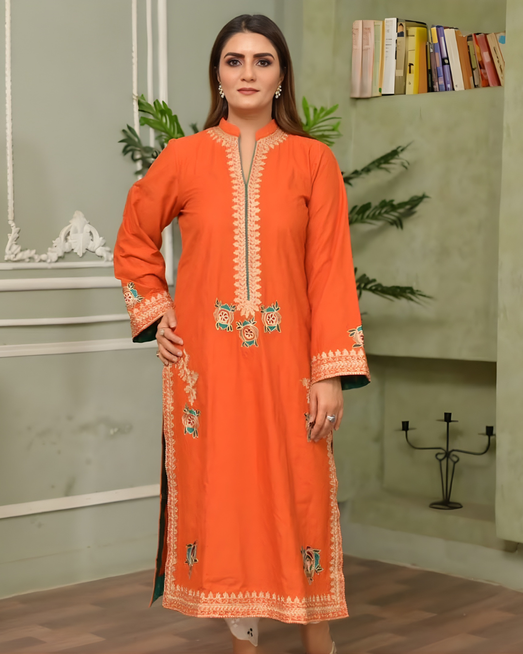 Orange Gold Tilla Embroidered Lawn Kurta