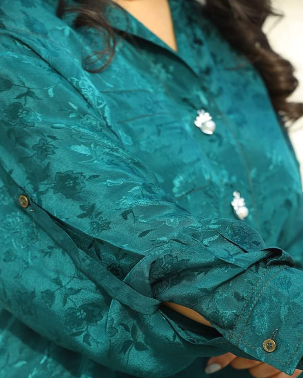 Teal Jacquard Floral Silk Kurta