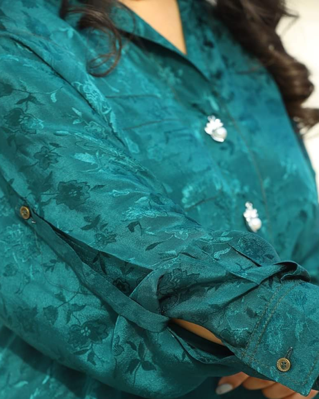 Teal Jacquard Floral Silk Kurta