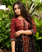 Black & Red Ajrak Block Print Mirror Work Long Shirt