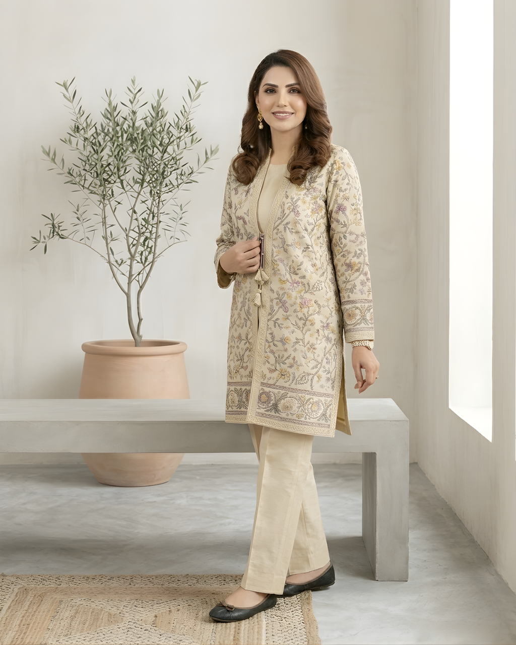 Fawn Kantha Printed Loomnet Jacket & Trouser Set