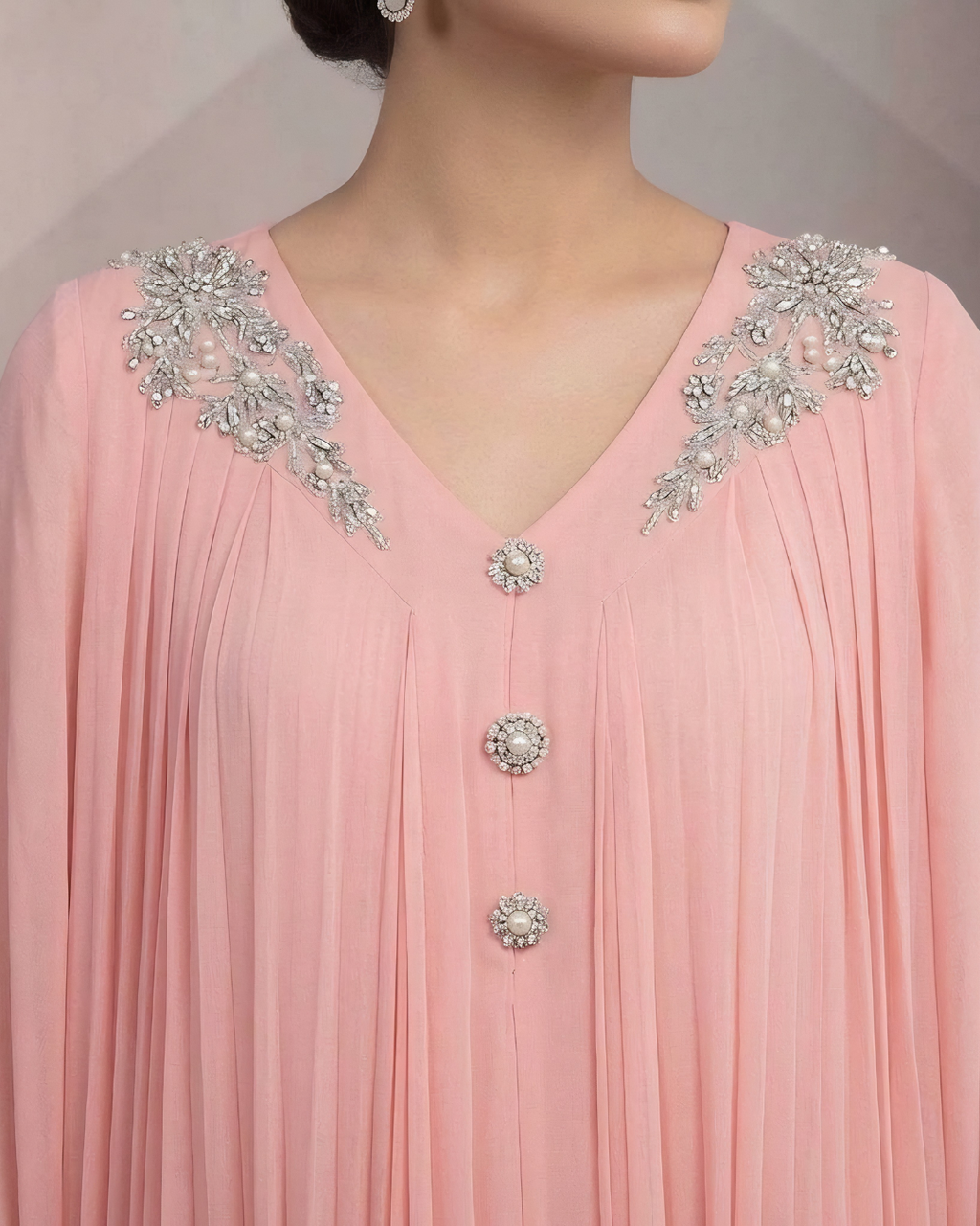 Pink Chiffon Embellished Shoulder Maxi Dress