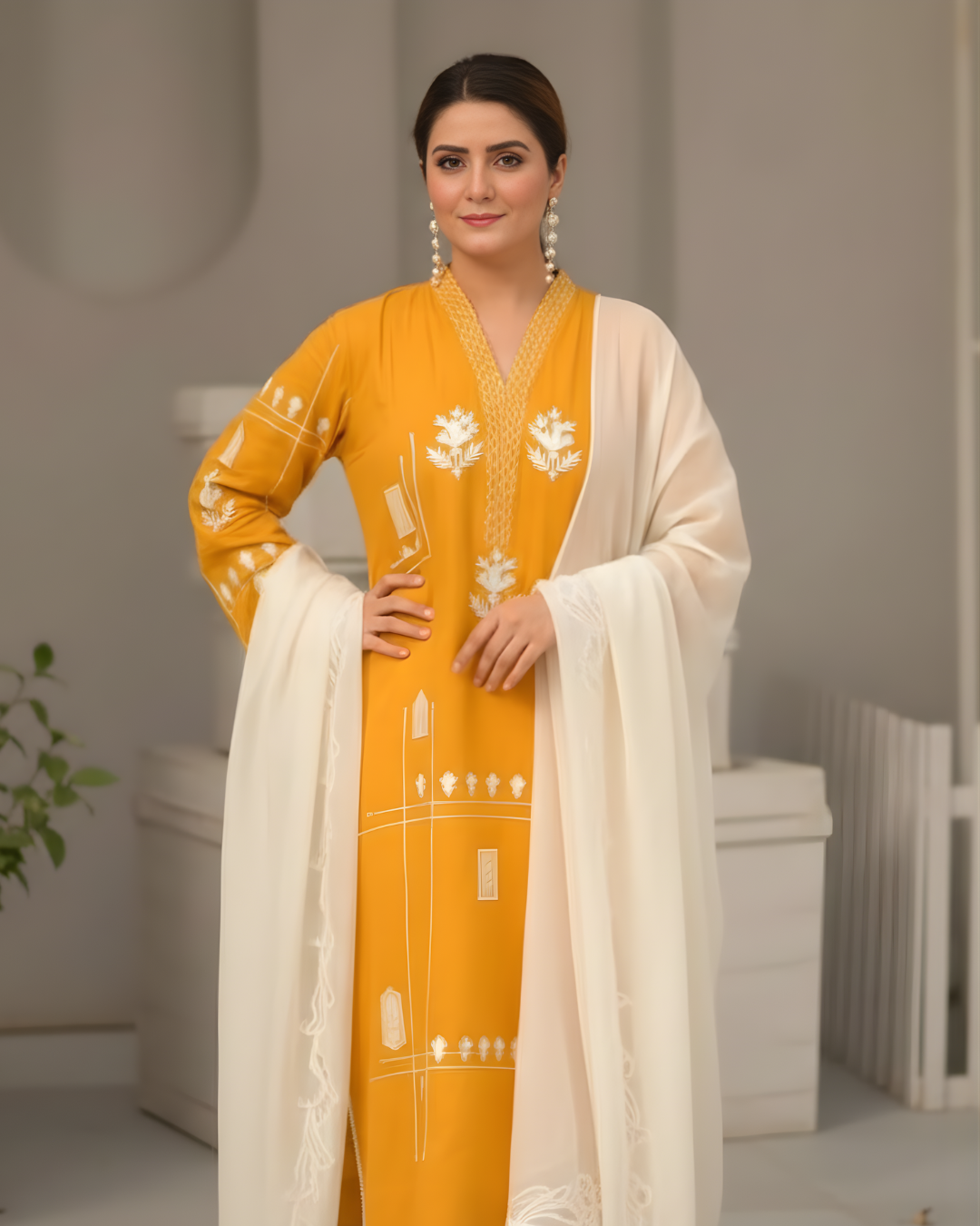 Yellow Cotton Lawn Embroidered Kurta Set