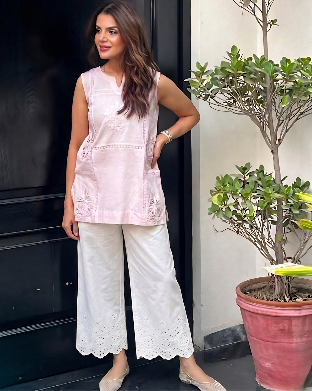 Pink Sleeveless Loomnet Hand Embroidered Kurta Set