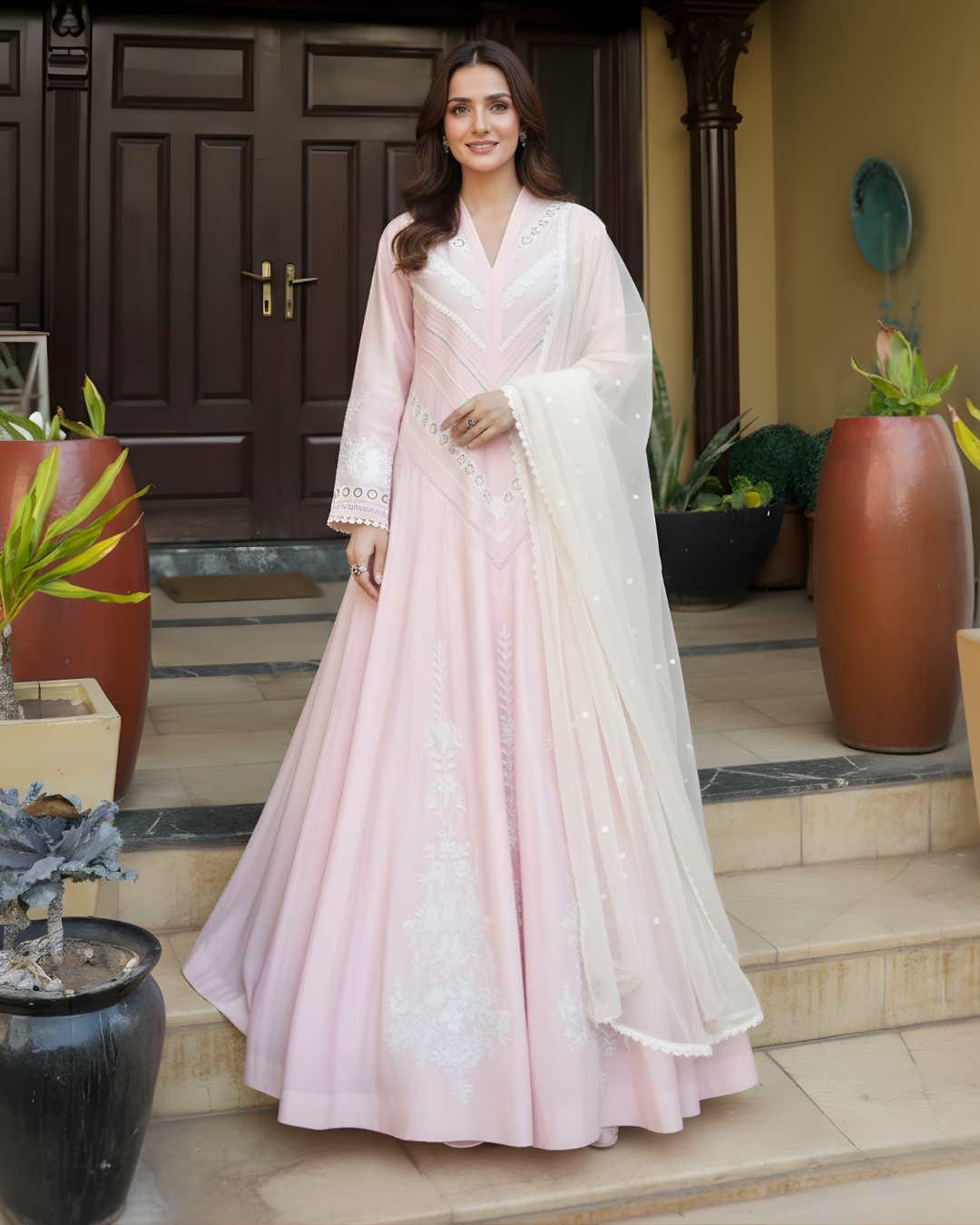 Pink Loomnet Flared Dress with Chevron Pleated Lace
