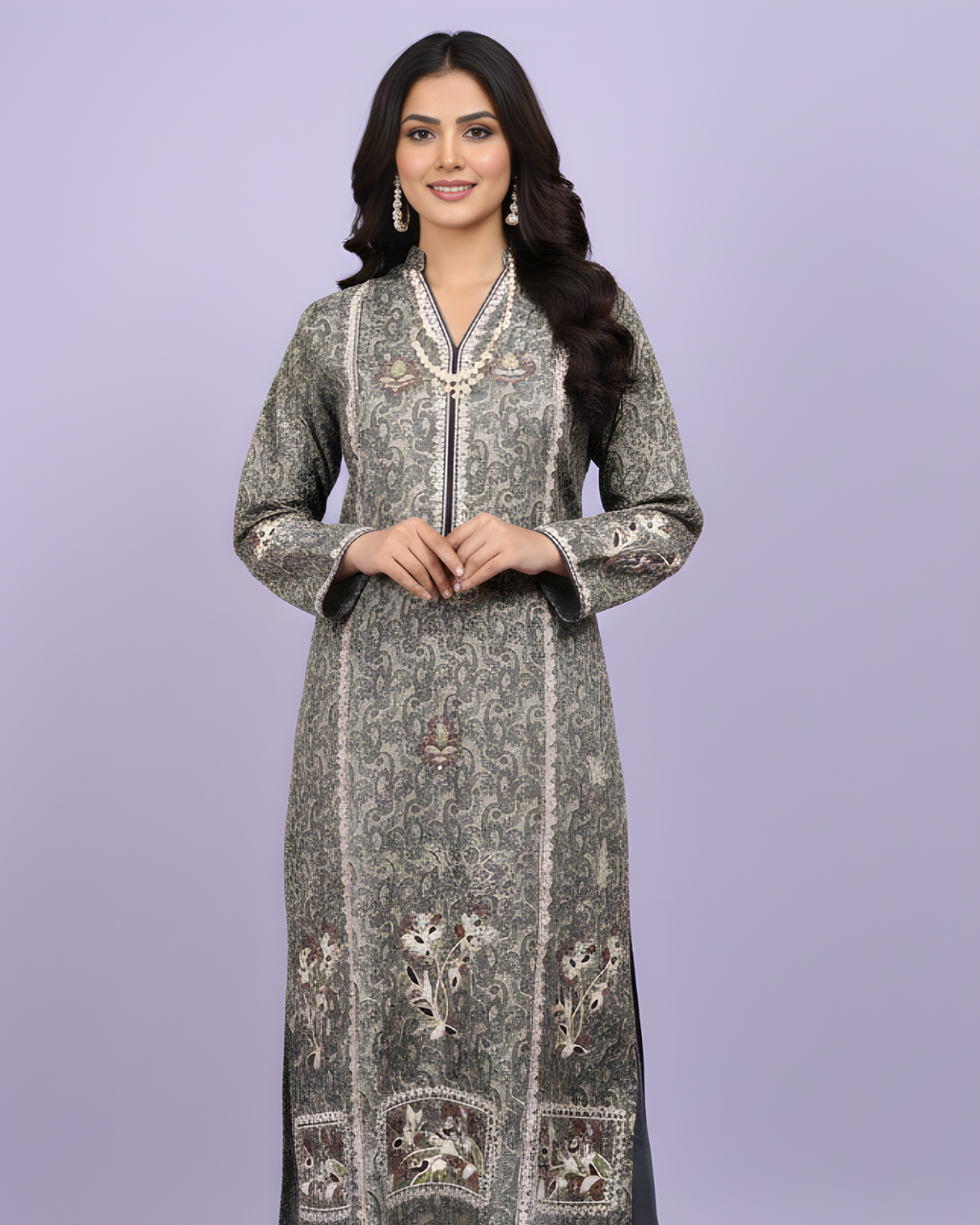 Navy Blue Paisley Print Embroidered Loomnet Kurta