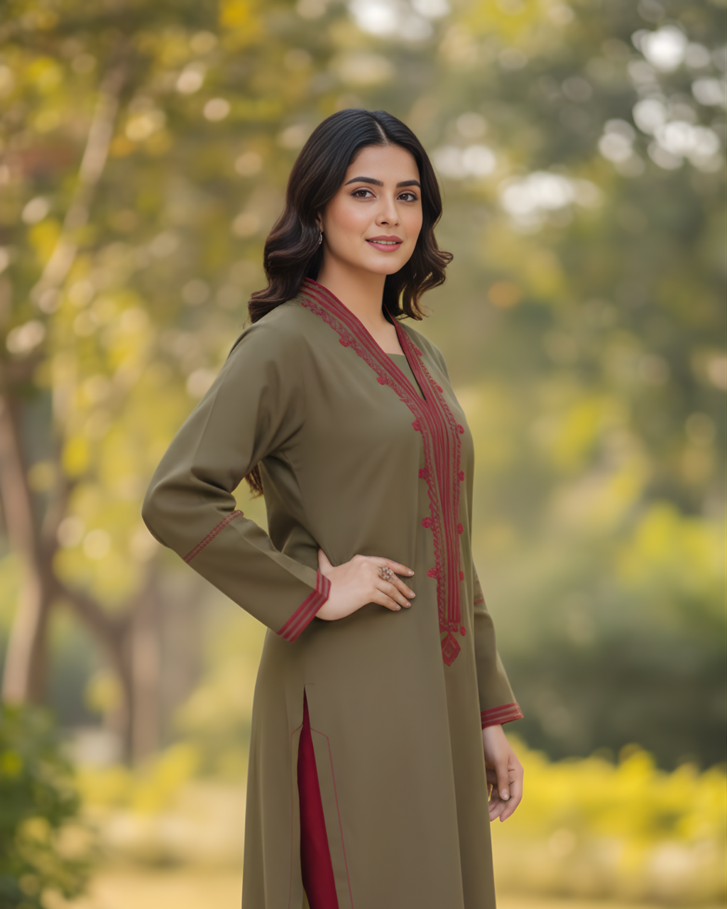Army Green Red Geometric Embroidered Cambric Kurta Set